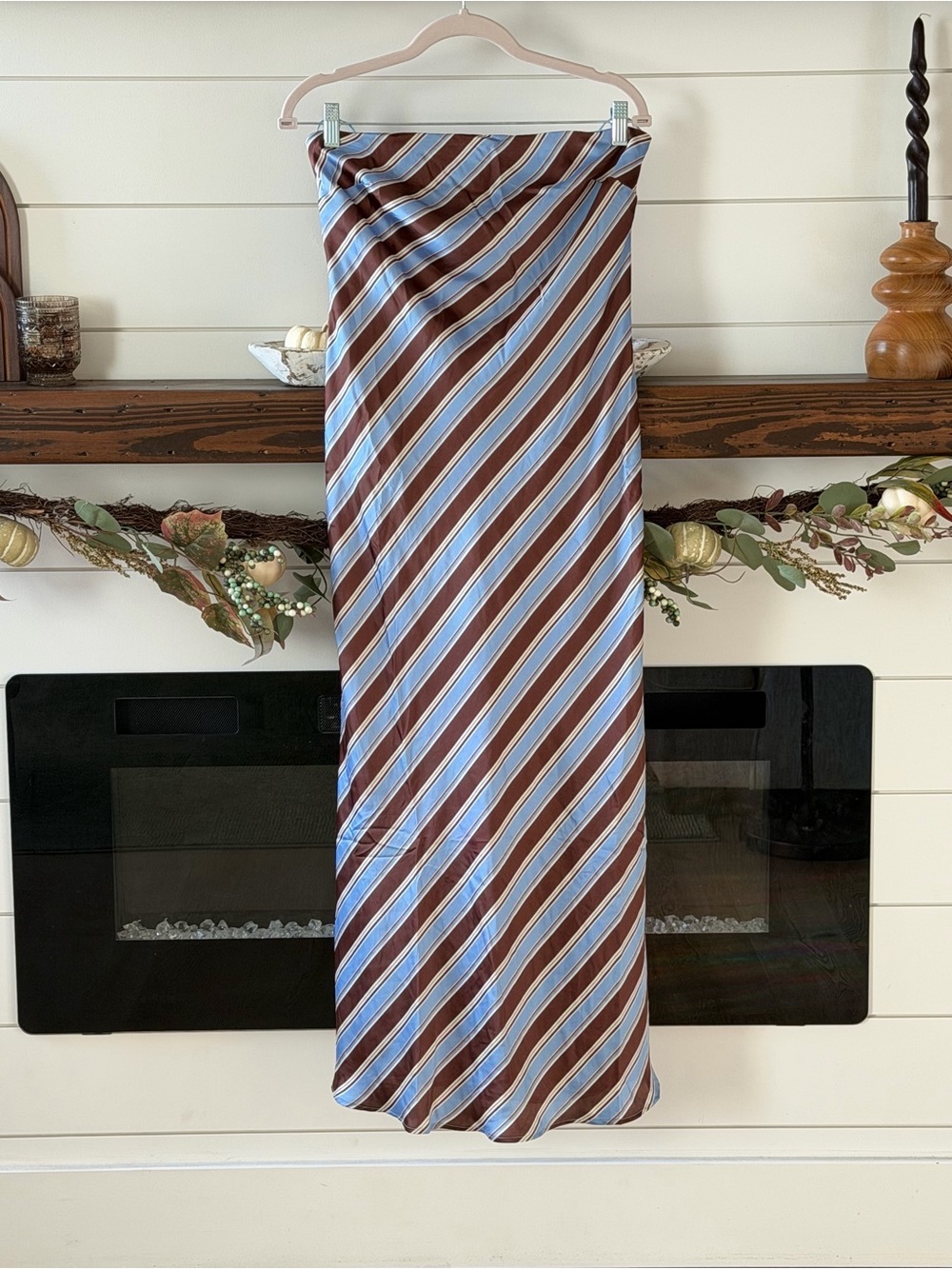 Altar'd State Strapless Stripe Midi Dress in Light Blue and Brown